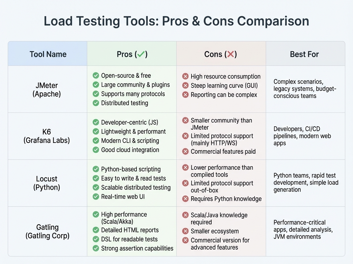 Comparison chart of load testing tools with pros and cons
