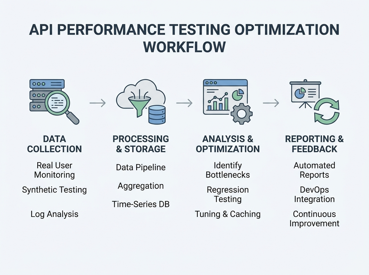 Workflow diagram illustrating the process of optimizing API performance testing from data collection to analysis