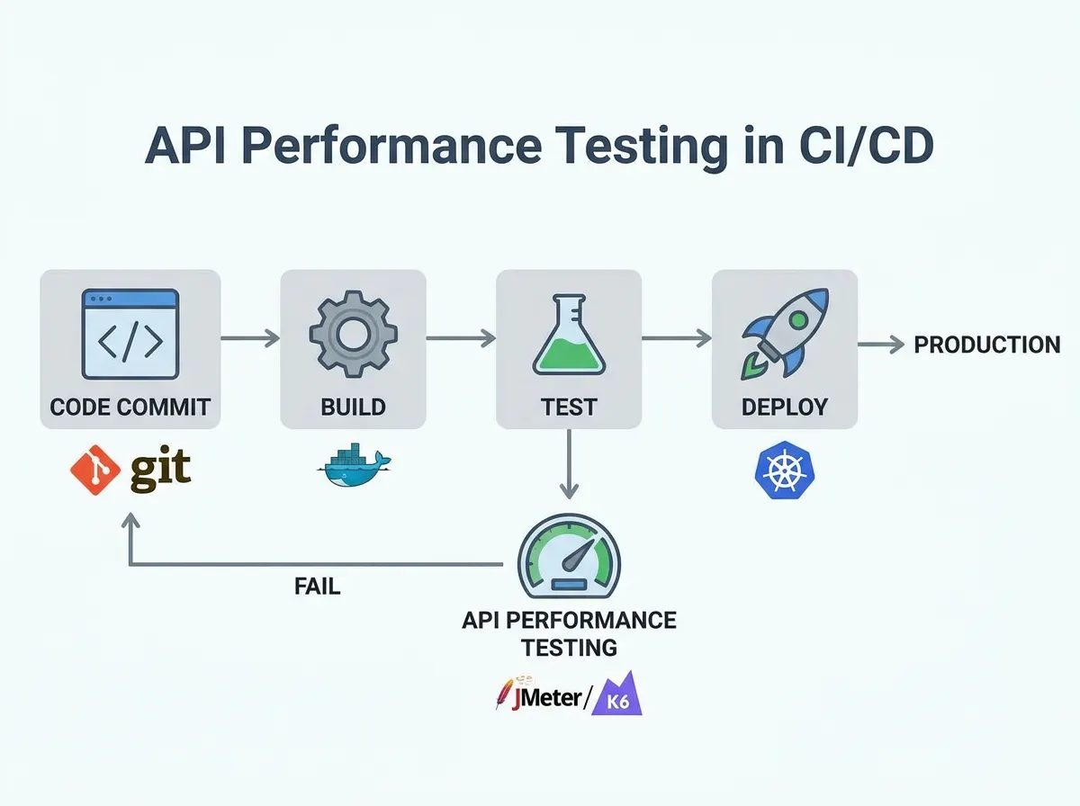 Diagram showing the integration of API performance testing into a CI/CD pipeline with stages for build, test, and deploy