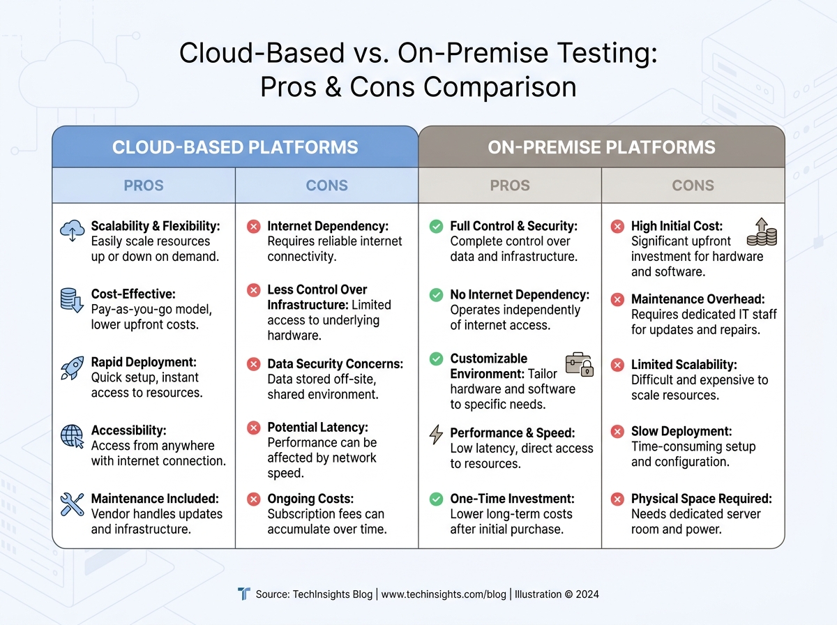 Comparison table showing cloud-based vs. on-premise testing platforms with pros and cons