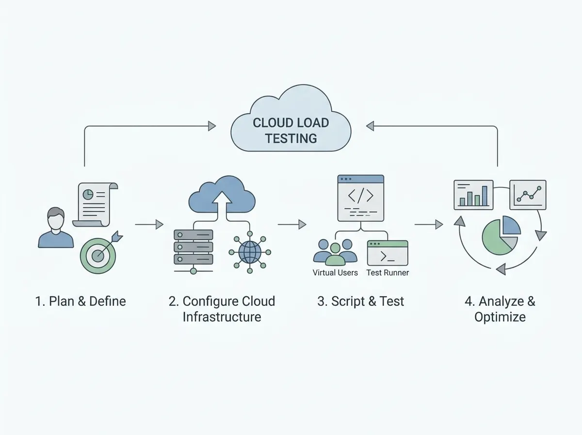 Four steps of a cloud load test: plan and define, configure cloud infrastructure, script and test, analyze and optimize