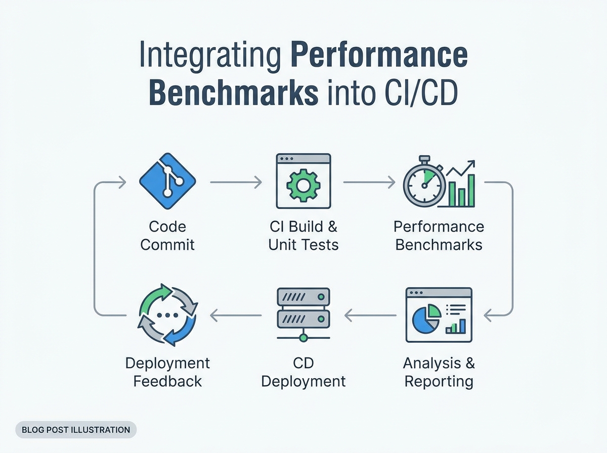 Workflow illustrating the integration of performance benchmarks into a CI/CD pipeline, with steps from code commit to deployment feedback