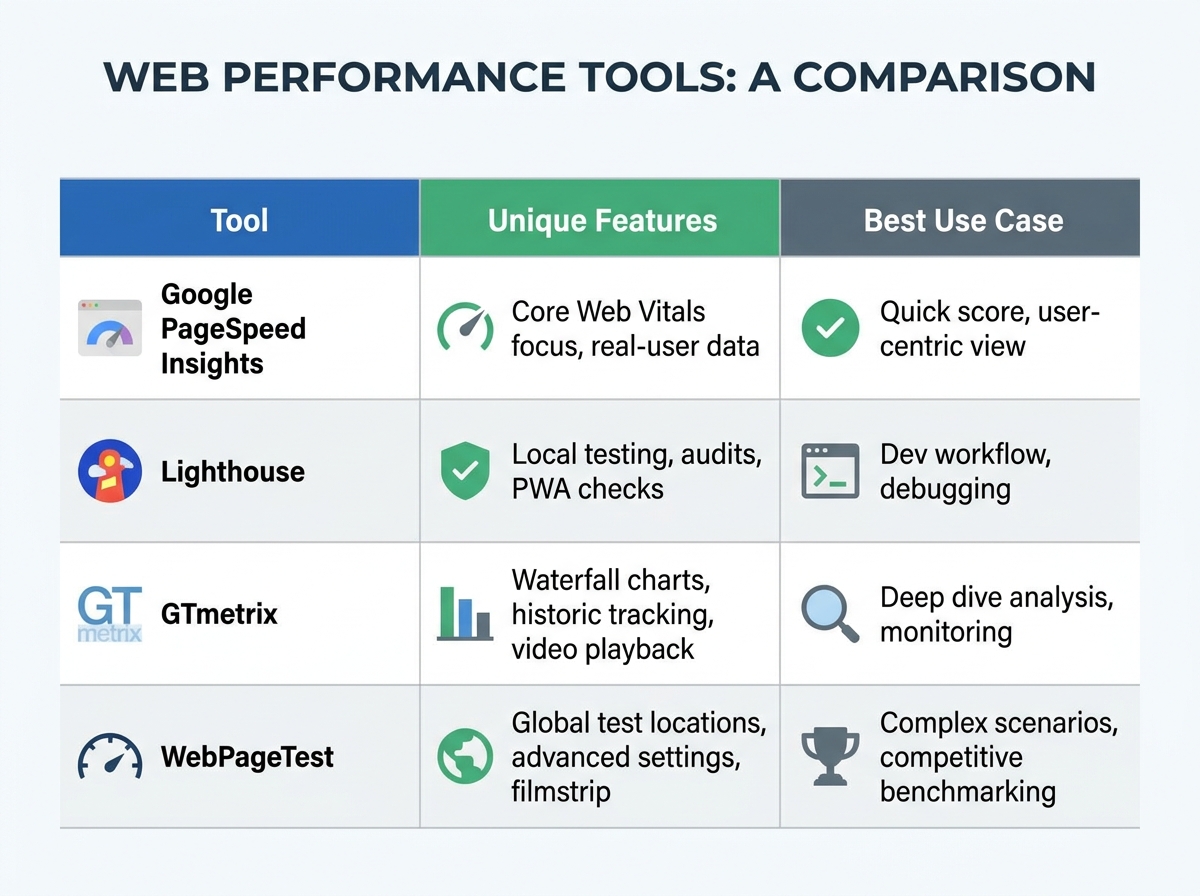 Comparison chart of different web performance tools, highlighting their unique features and best use cases