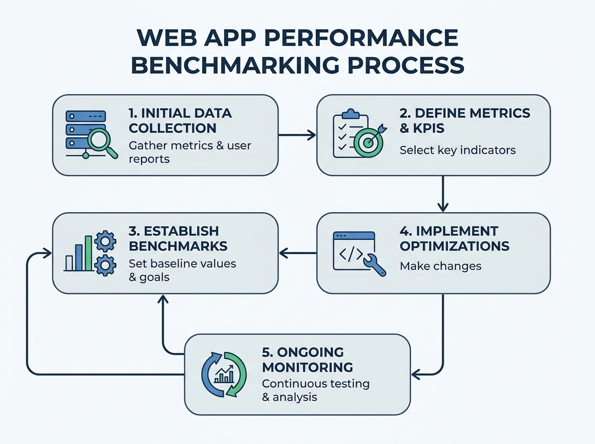 Diagram showing the process of setting performance benchmarks for web applications, from initial data collection to ongoing monitoring