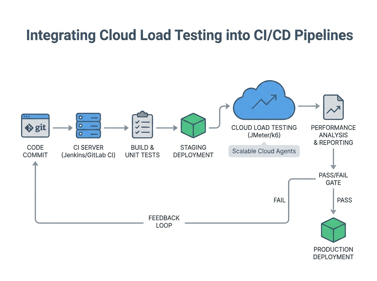 Workflow diagram showing integration of cloud load testing into CI/CD pipelines