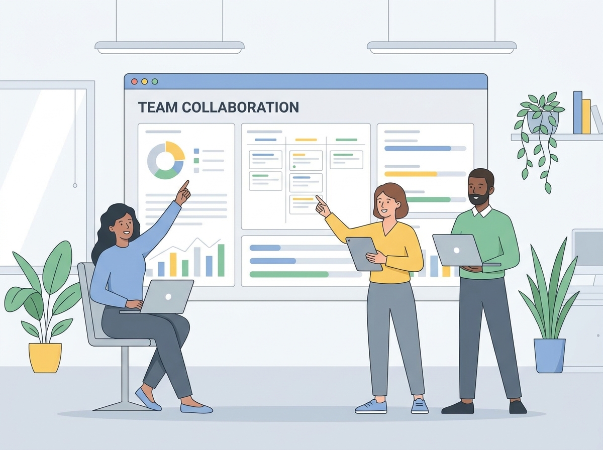 Visual representation of a team collaborating using a shared dashboard