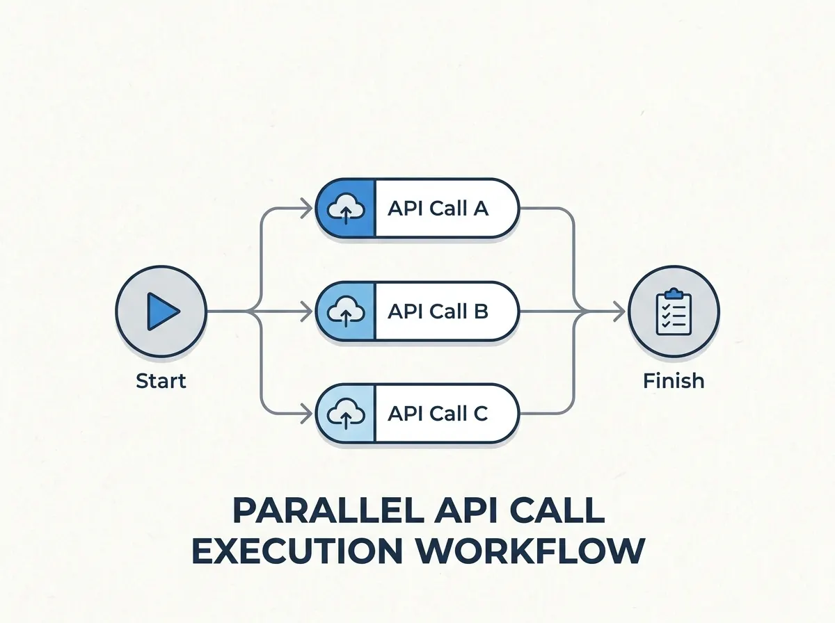 Workflow with Start branching into API Call A, B and C running in parallel and joining at Finish