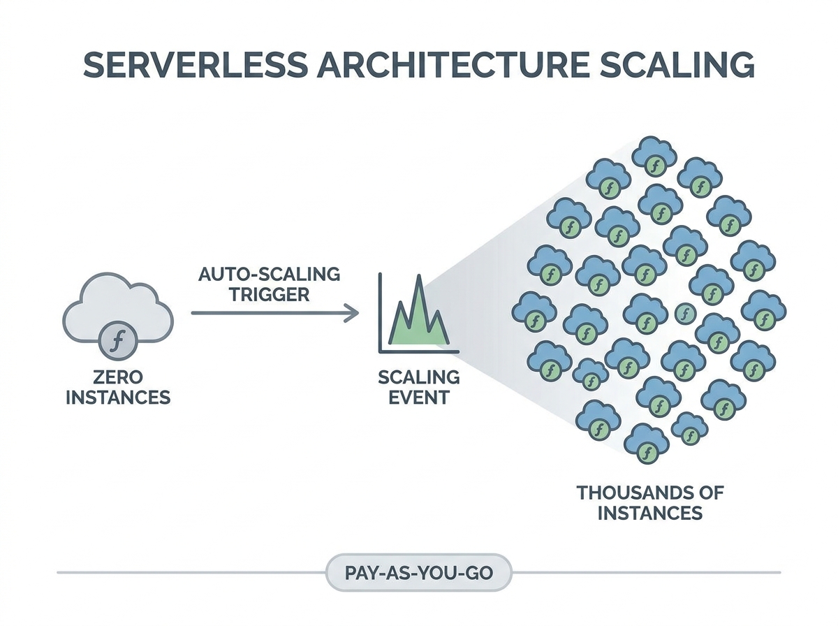 Diagram illustrating serverless architecture scaling from zero to thousands of instances