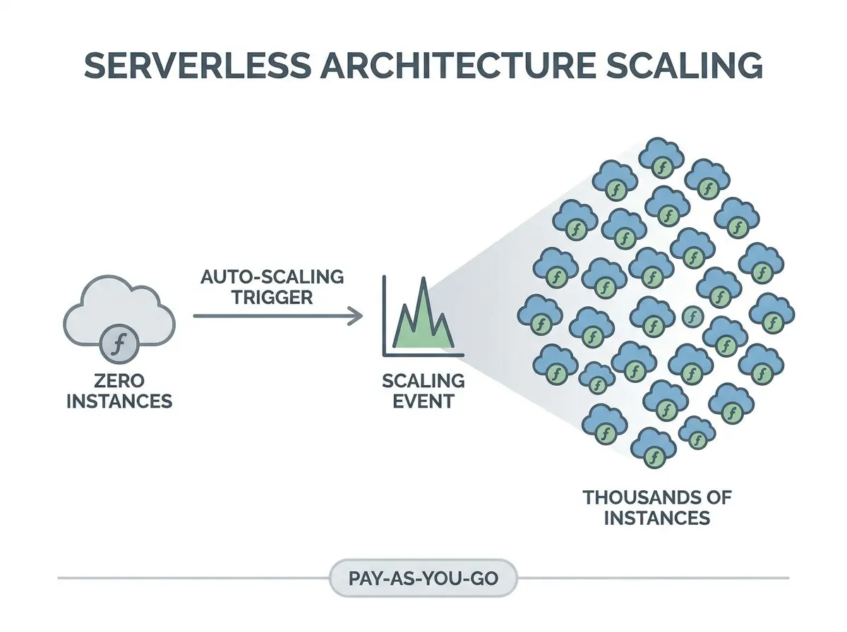 Diagram illustrating serverless architecture scaling from zero to many instances