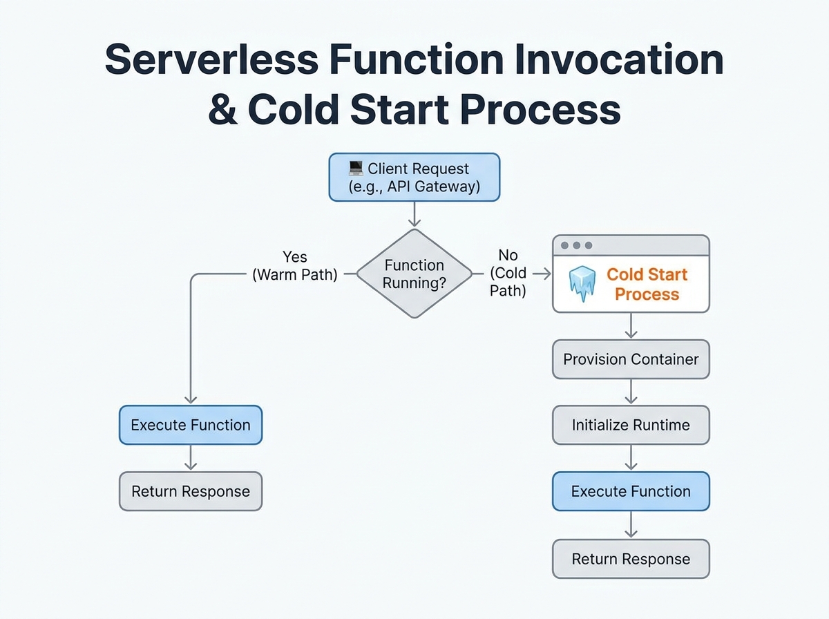Flowchart showing the process of serverless function invocation and cold start
