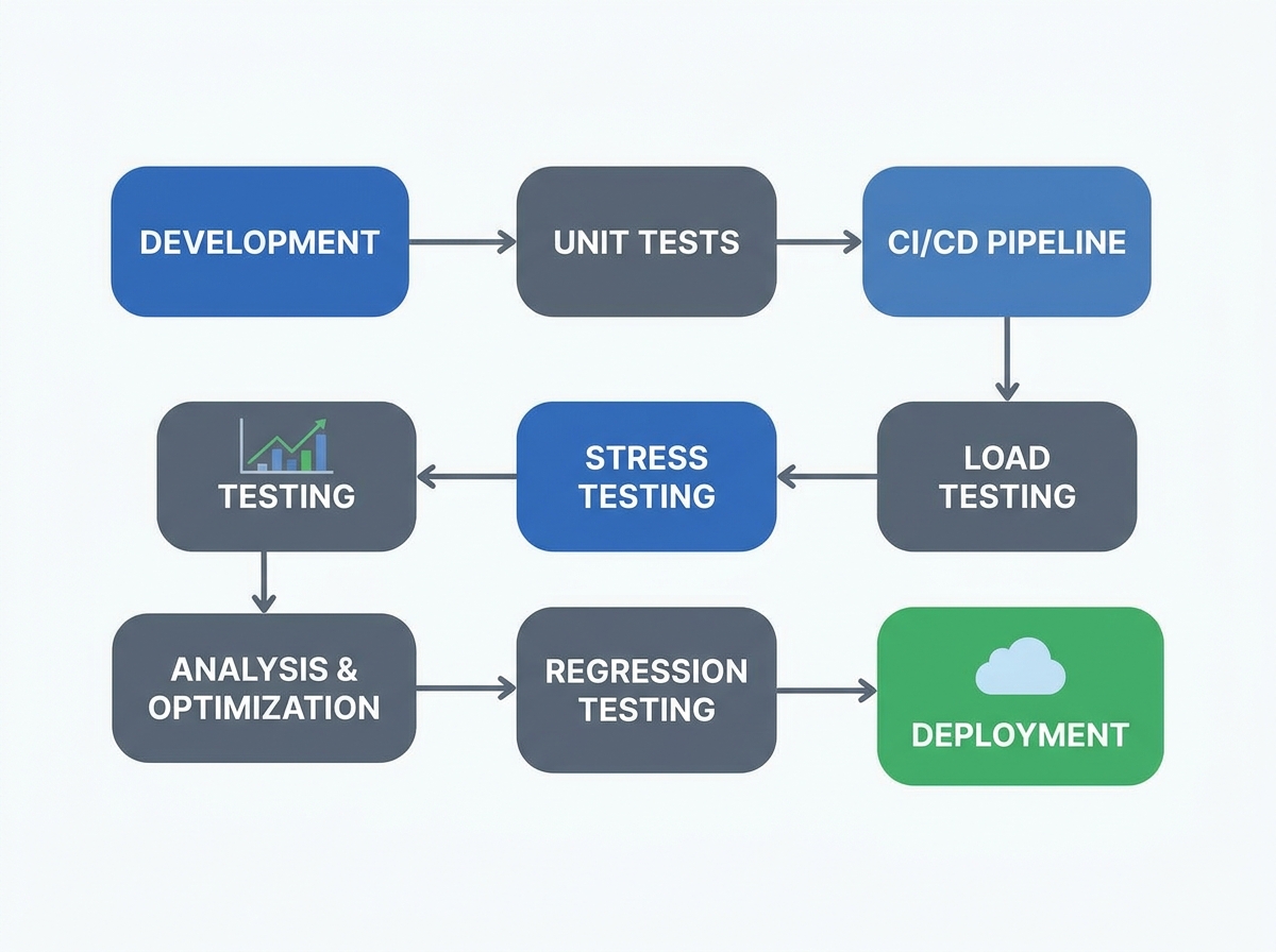 Diagram showing performance testing process from development to deployment