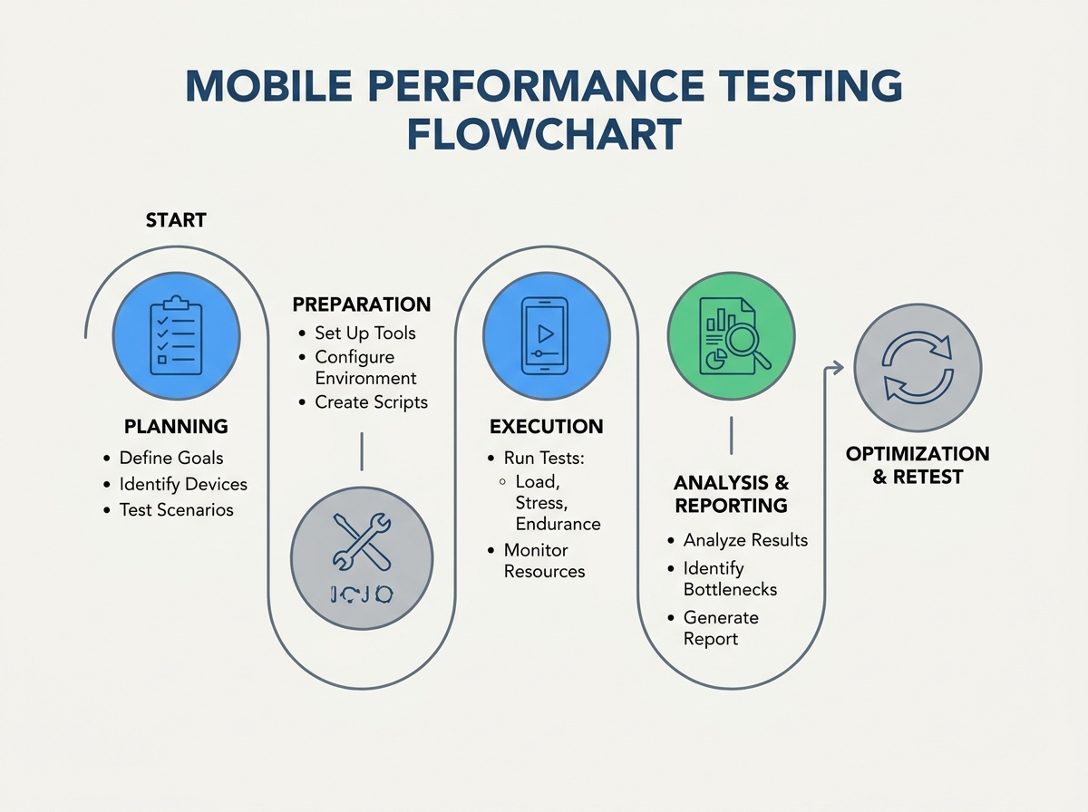Flowchart illustrating the steps of mobile performance testing from planning to execution