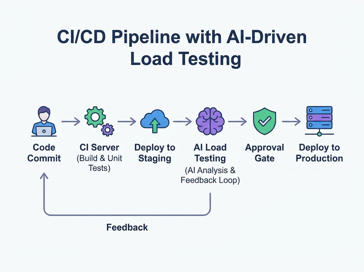 Flowchart illustrating CI/CD pipeline integration with AI-driven load testing