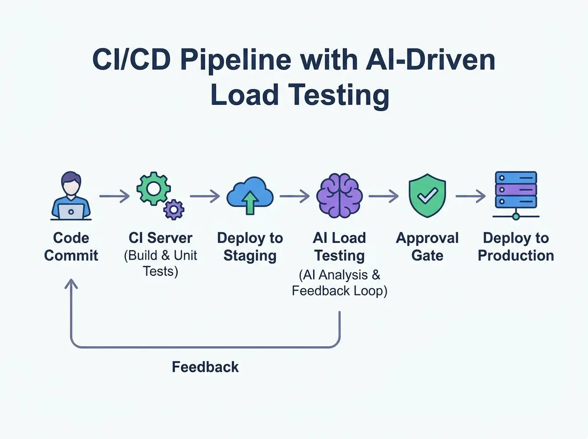 CI/CD pipeline with a load testing stage and a feedback loop