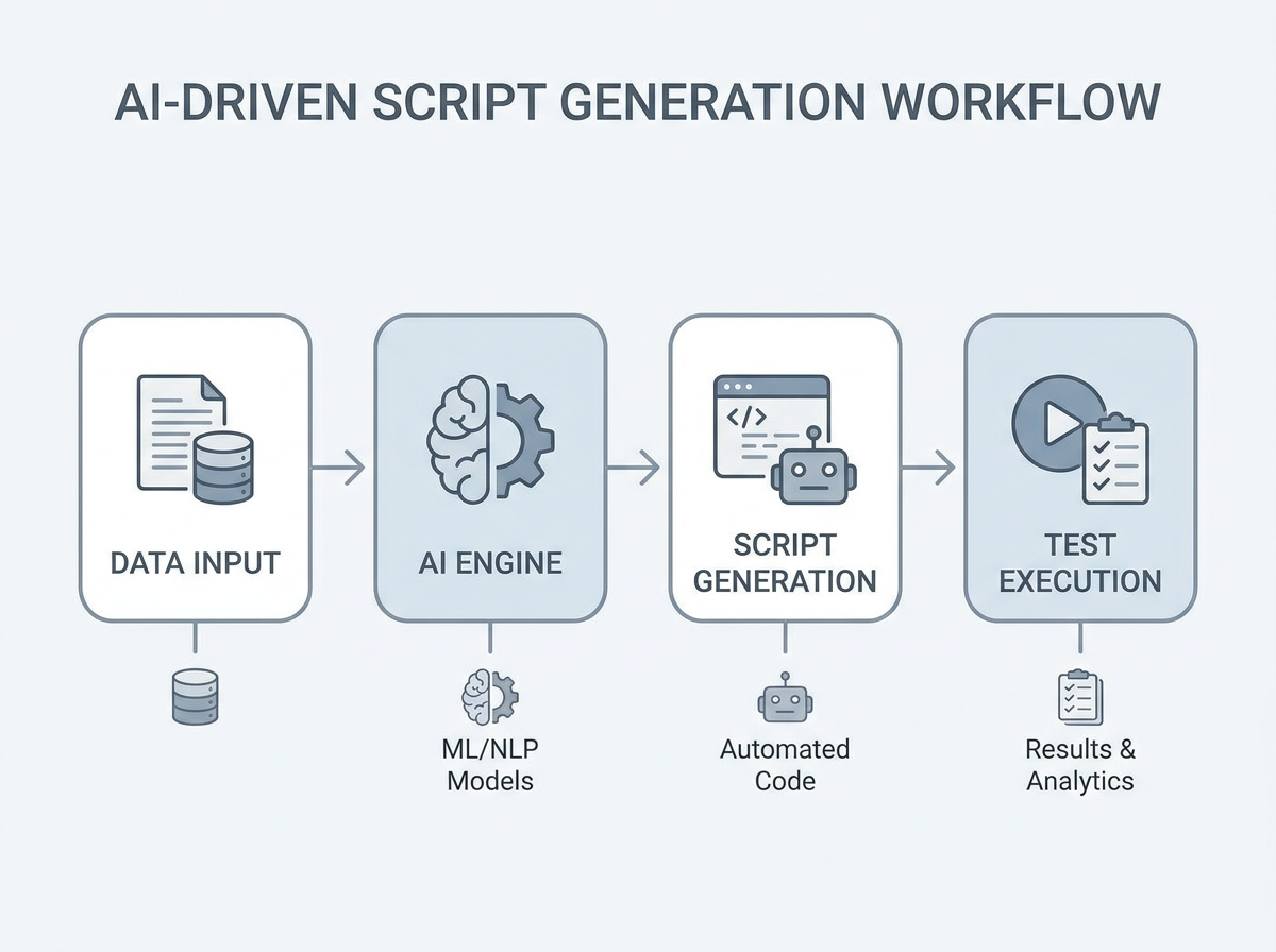 Workflow diagram showing AI-driven script generation process from data input to test execution