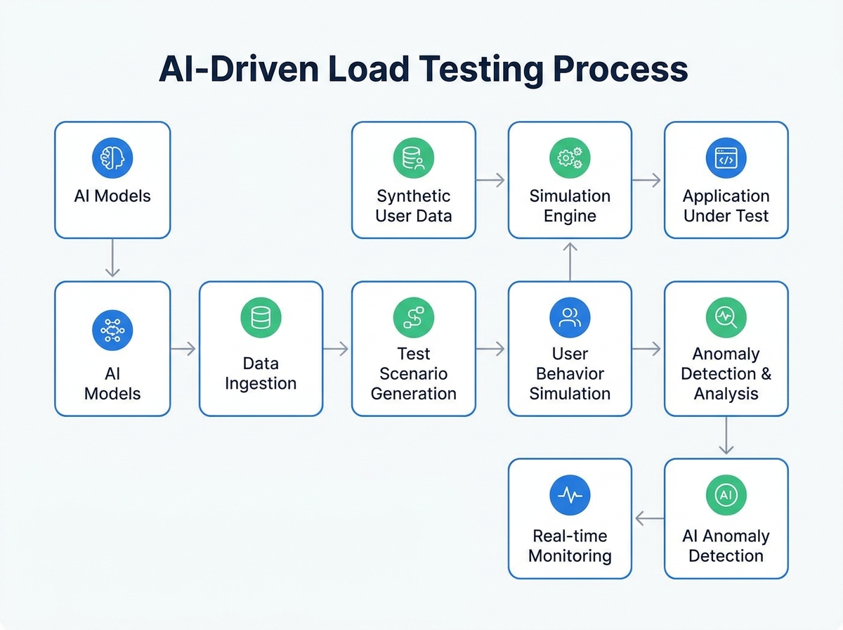 Diagram showing AI-driven load testing process with user behavior simulation and anomaly detection