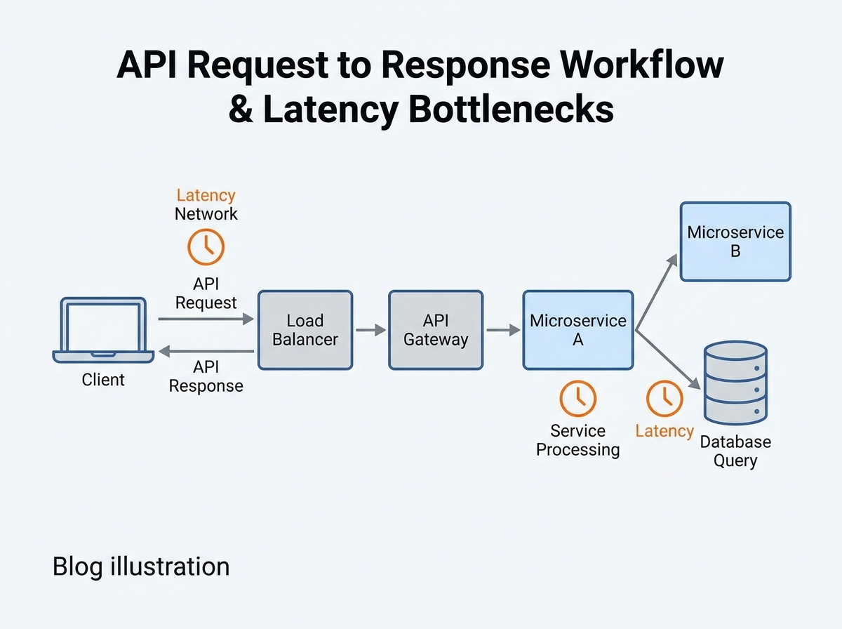 Workflow illustrating the steps from API request to response, highlighting potential latency bottlenecks