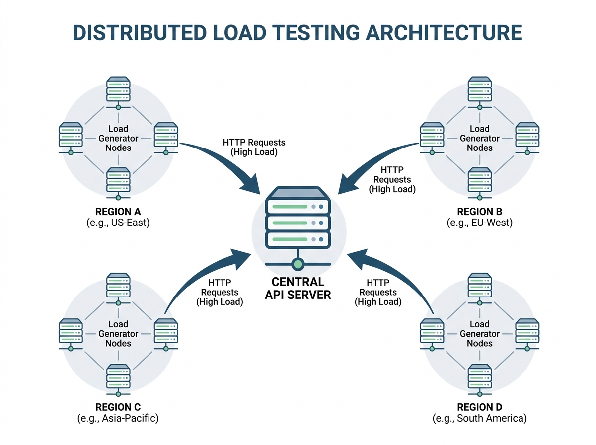 Diagram showing distributed load testing setup with nodes in multiple regions firing requests to a central API server