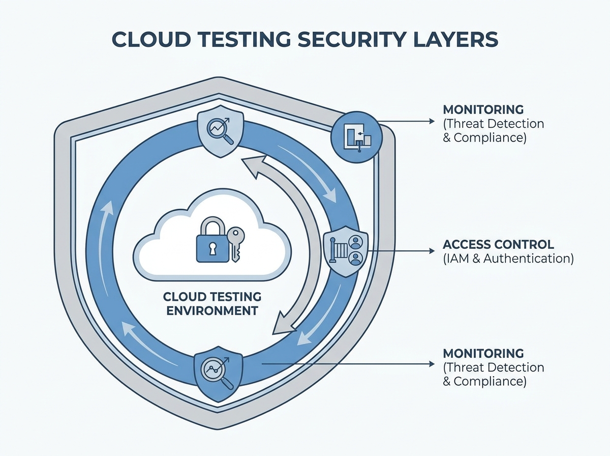 Diagram showing cloud testing security layers including encryption, access control, and monitoring