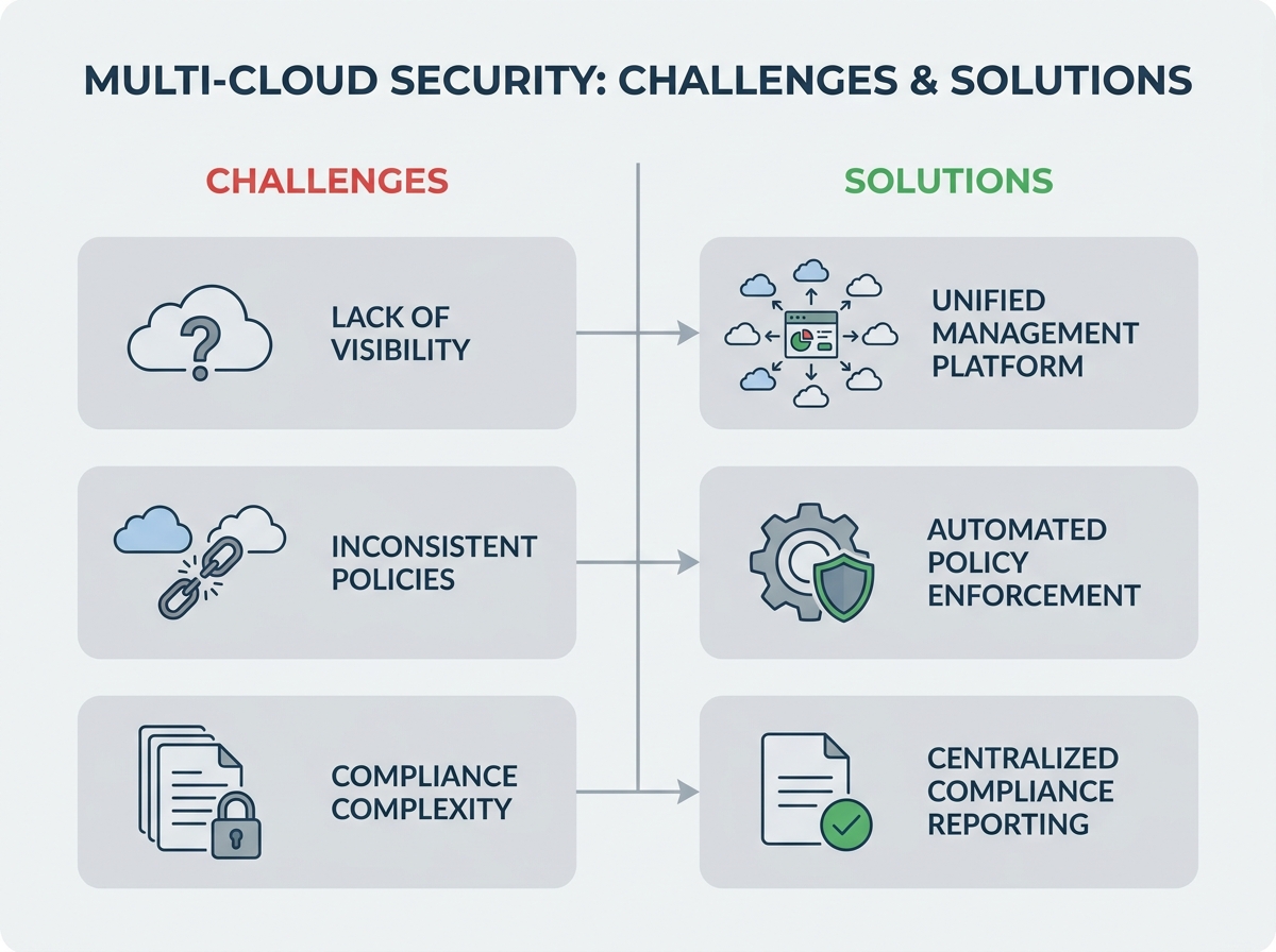 Diagram showing multi-cloud security challenges and solutions