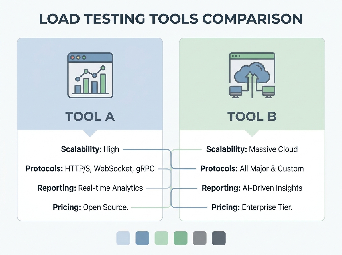 Side-by-side comparison of load testing tools with key features highlighted
