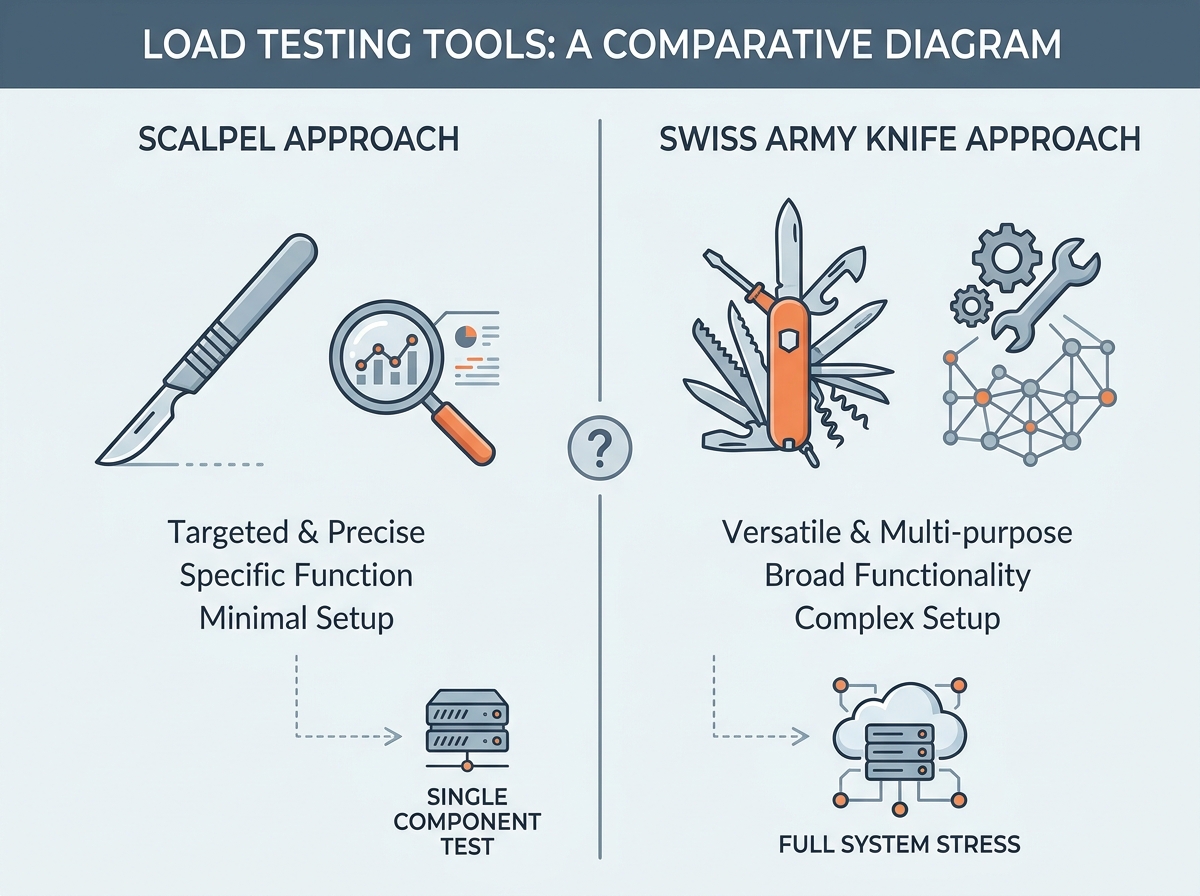 Diagram comparing scalpel and Swiss Army knife approaches in load testing tools