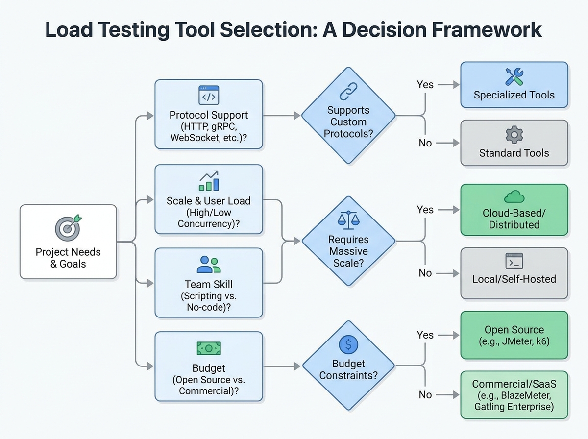 Decision framework flowchart for selecting load testing tools based on criteria