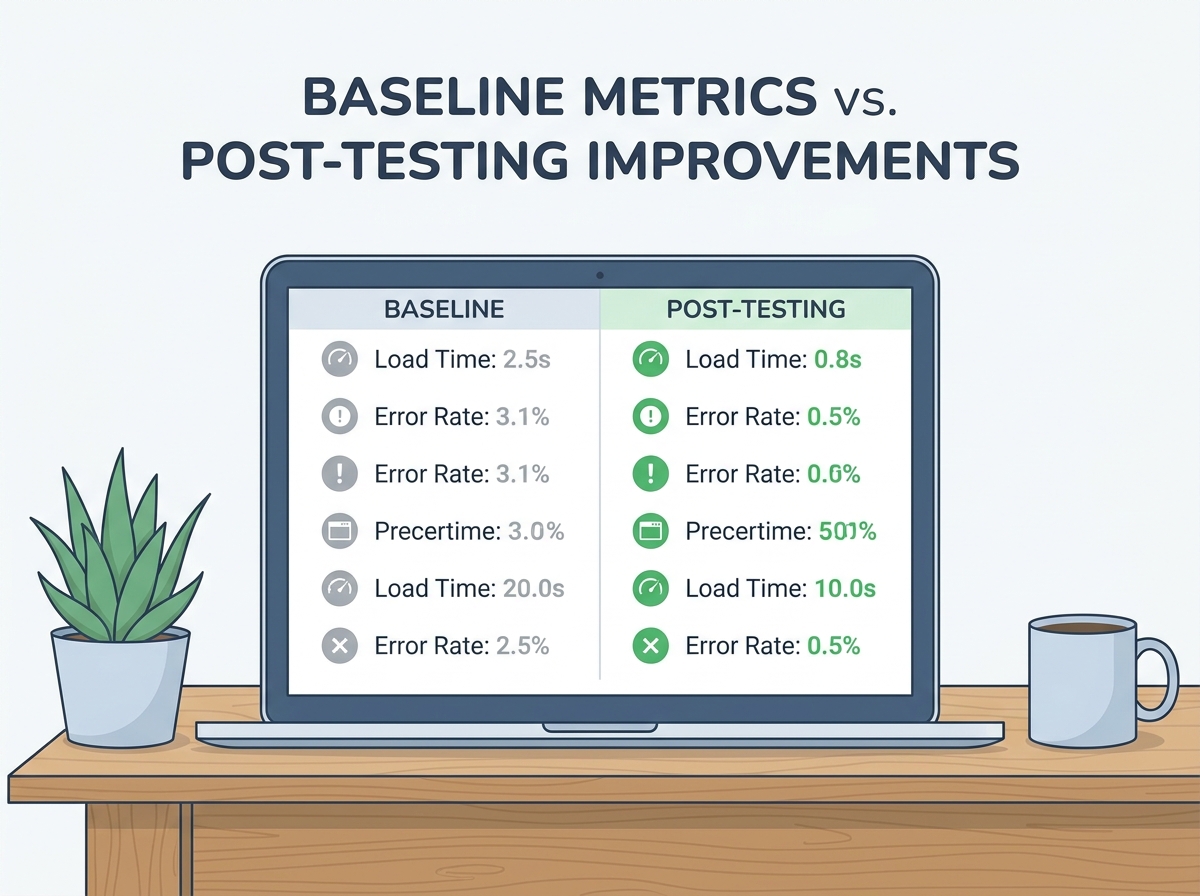 Table comparing baseline metrics before and after testing improvements