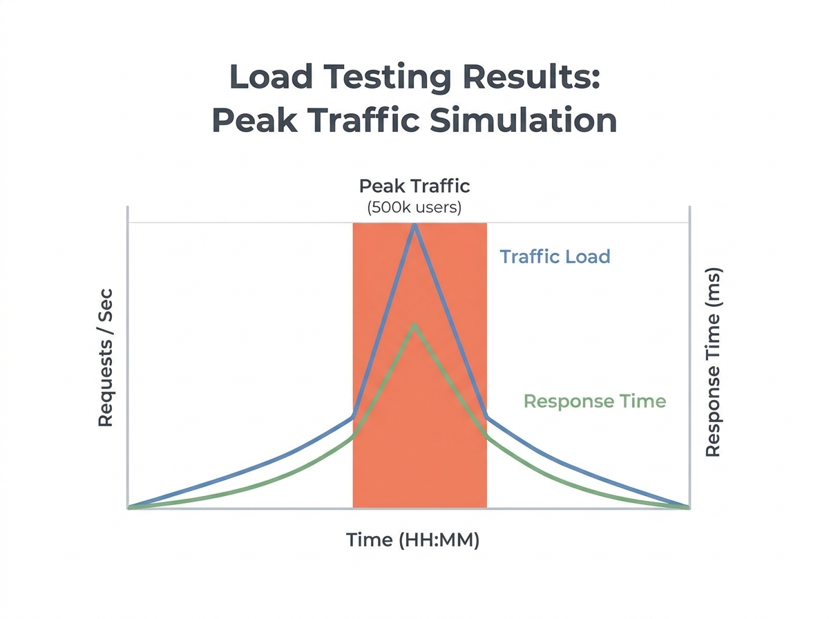 Chart illustrating load testing results with peak traffic simulation