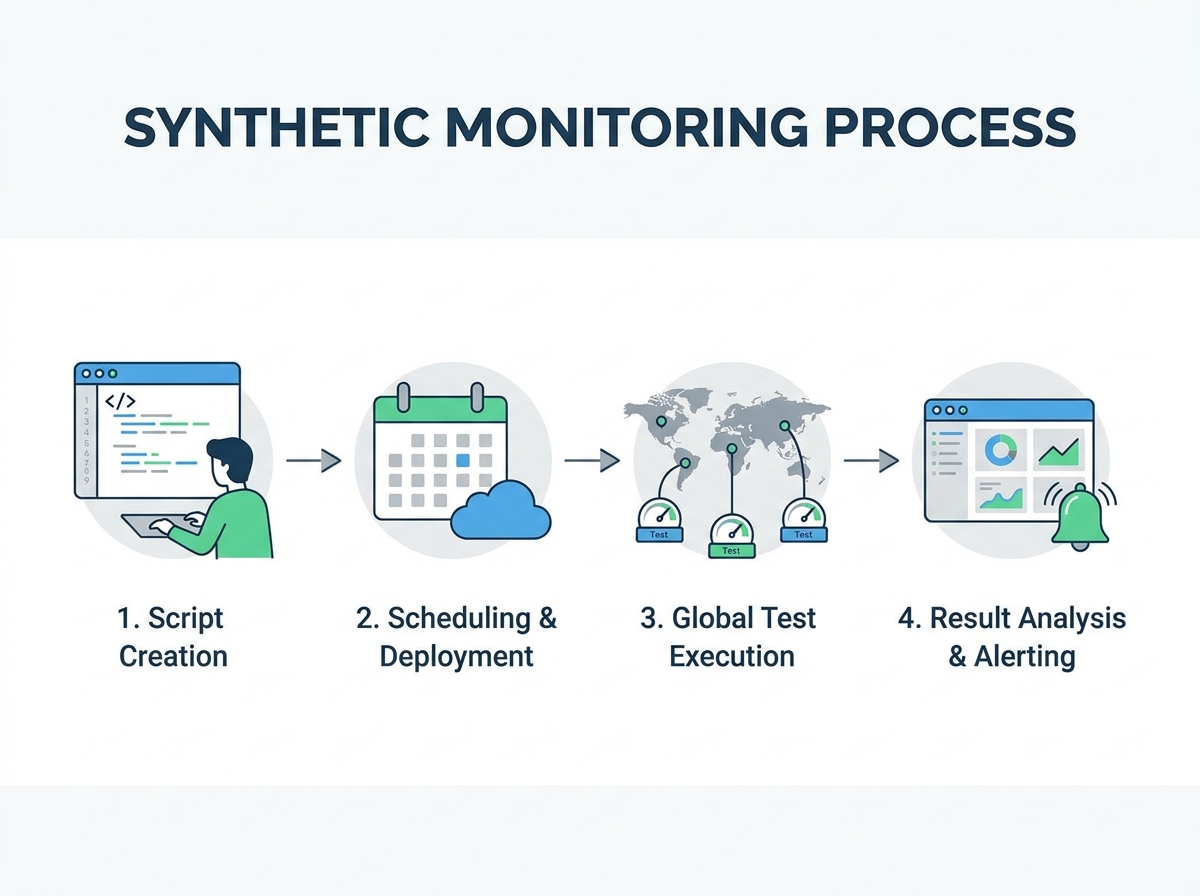 Diagram illustrating synthetic monitoring process from script creation to global test execution
