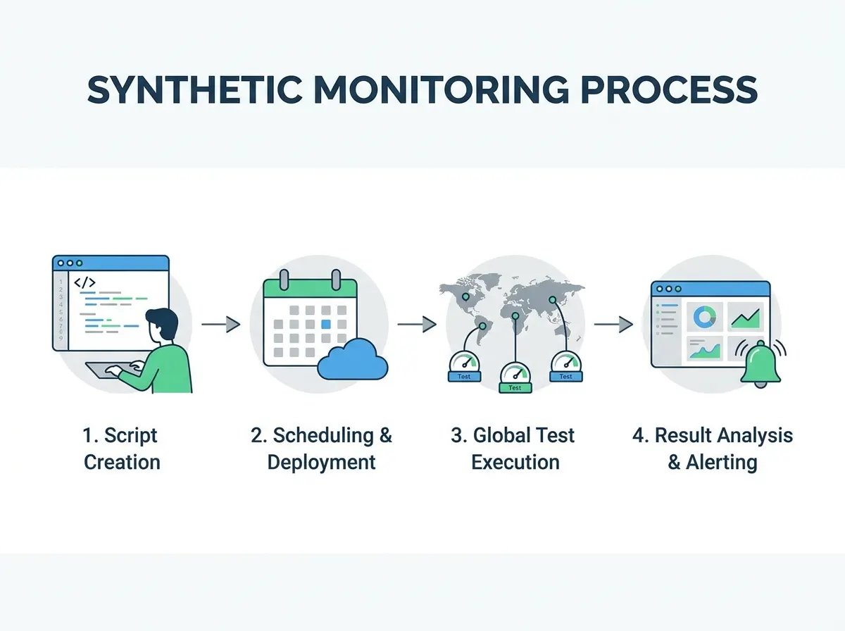 Diagram of the synthetic monitoring process from script creation to scheduling, global test execution and alerting