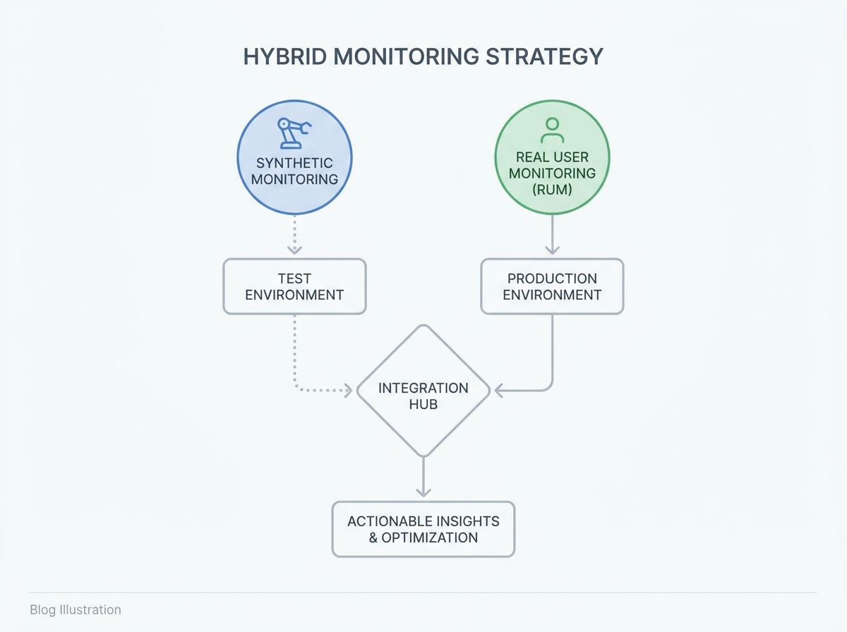 Workflow diagram showing integration of synthetic monitoring and RUM in a hybrid strategy