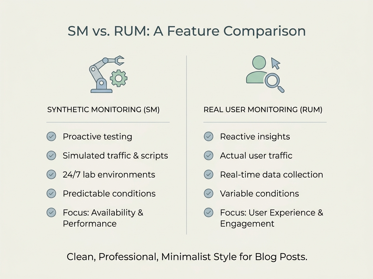 Comparison chart of synthetic monitoring vs. real user monitoring features