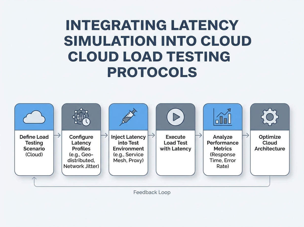 Workflow diagram illustrating steps to integrate latency simulation into cloud load testing protocols