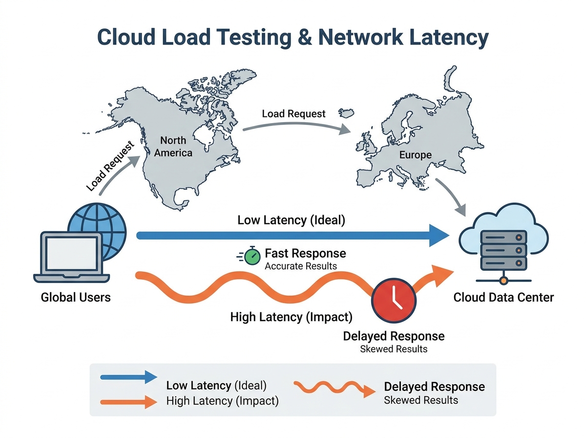 Diagram showing network latency impact on cloud load testing results with arrows indicating data flow between continents