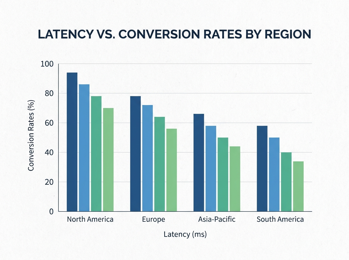 Chart comparing latency effects on conversion rates across different regions