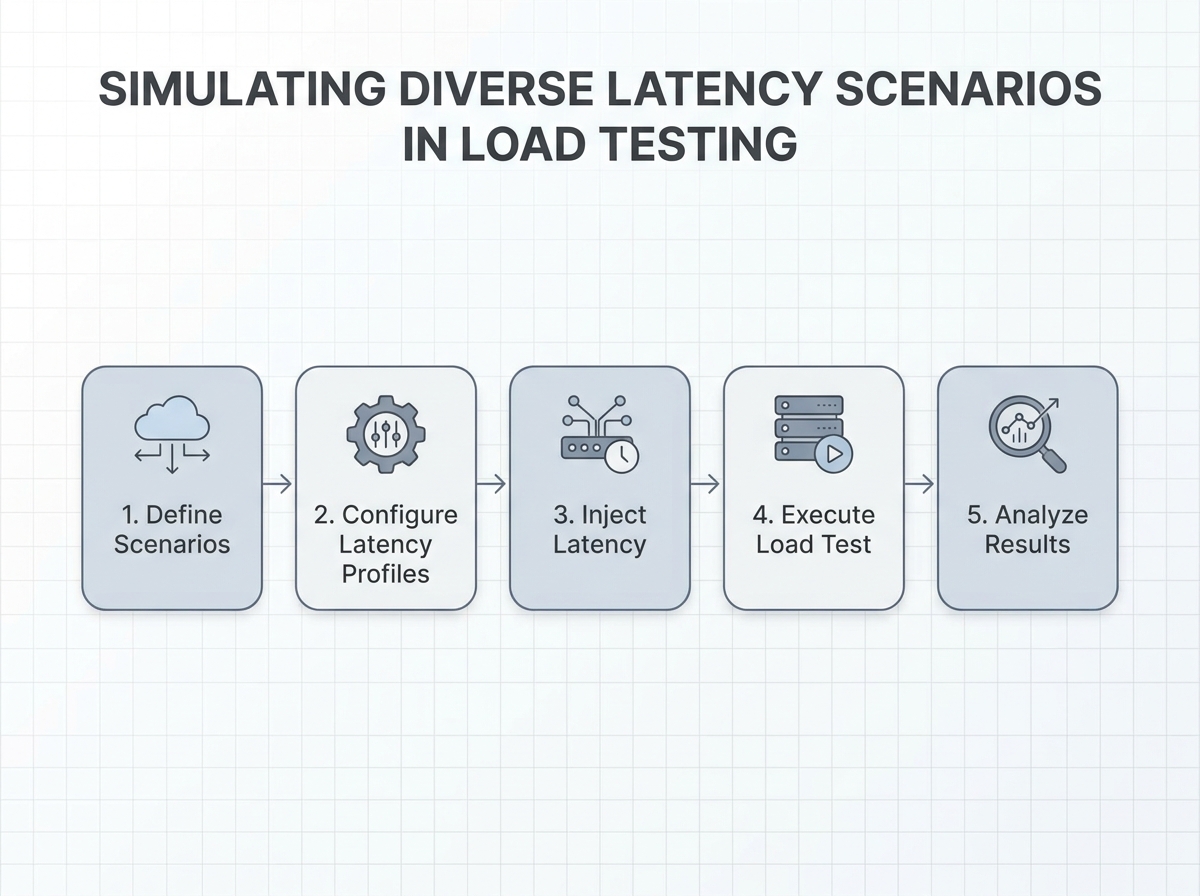 Workflow diagram showing steps to simulate diverse latency scenarios in load testing