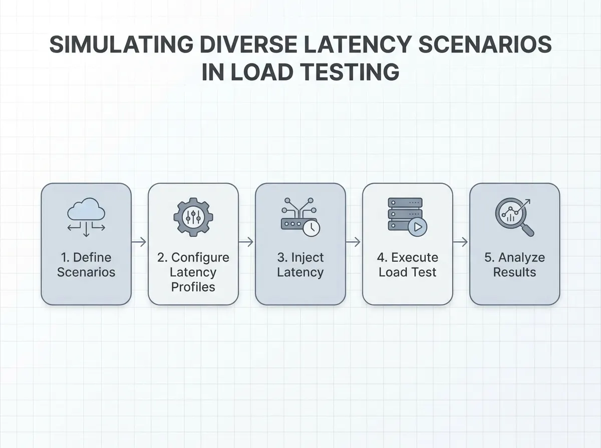 Workflow diagram showing steps to simulate diverse latency scenarios in load testing