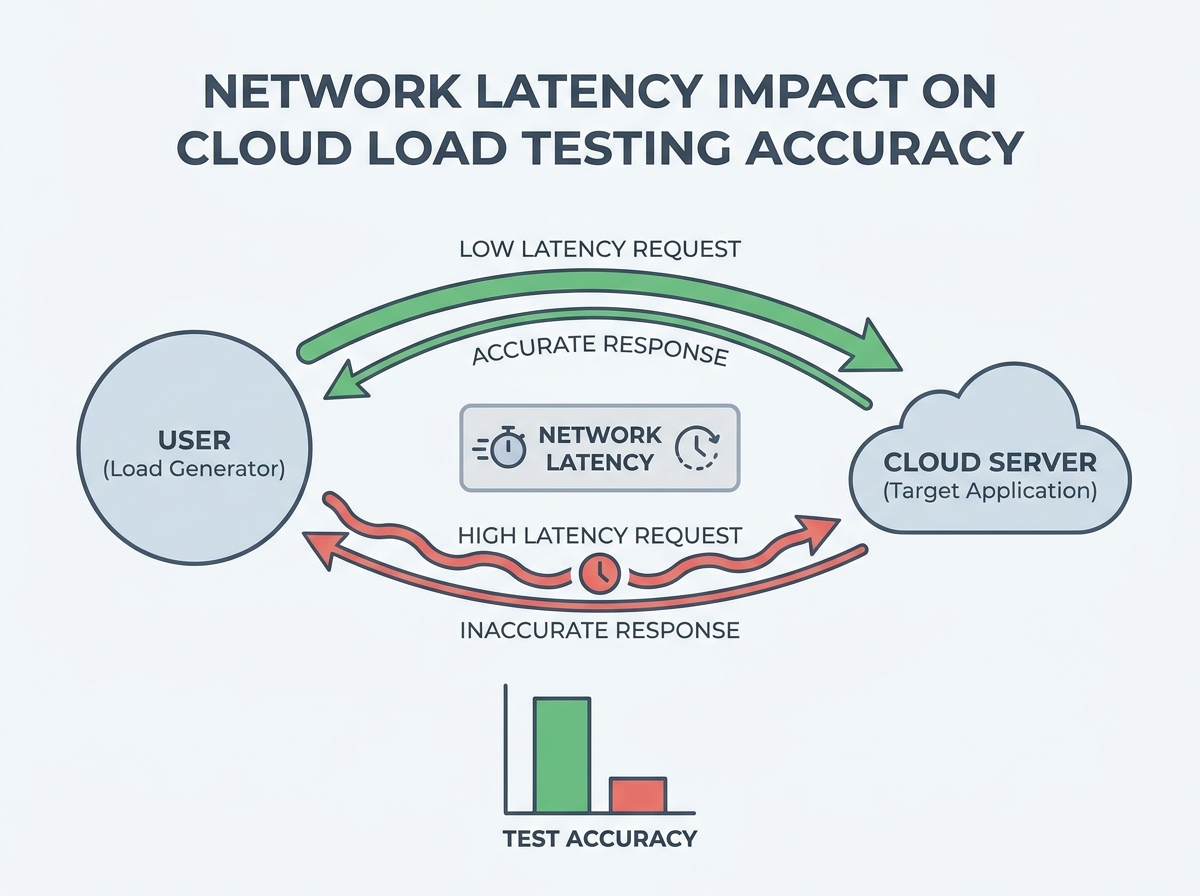 Diagram illustrating network latency impact on cloud load testing accuracy with arrows showing data flow between user and cloud server