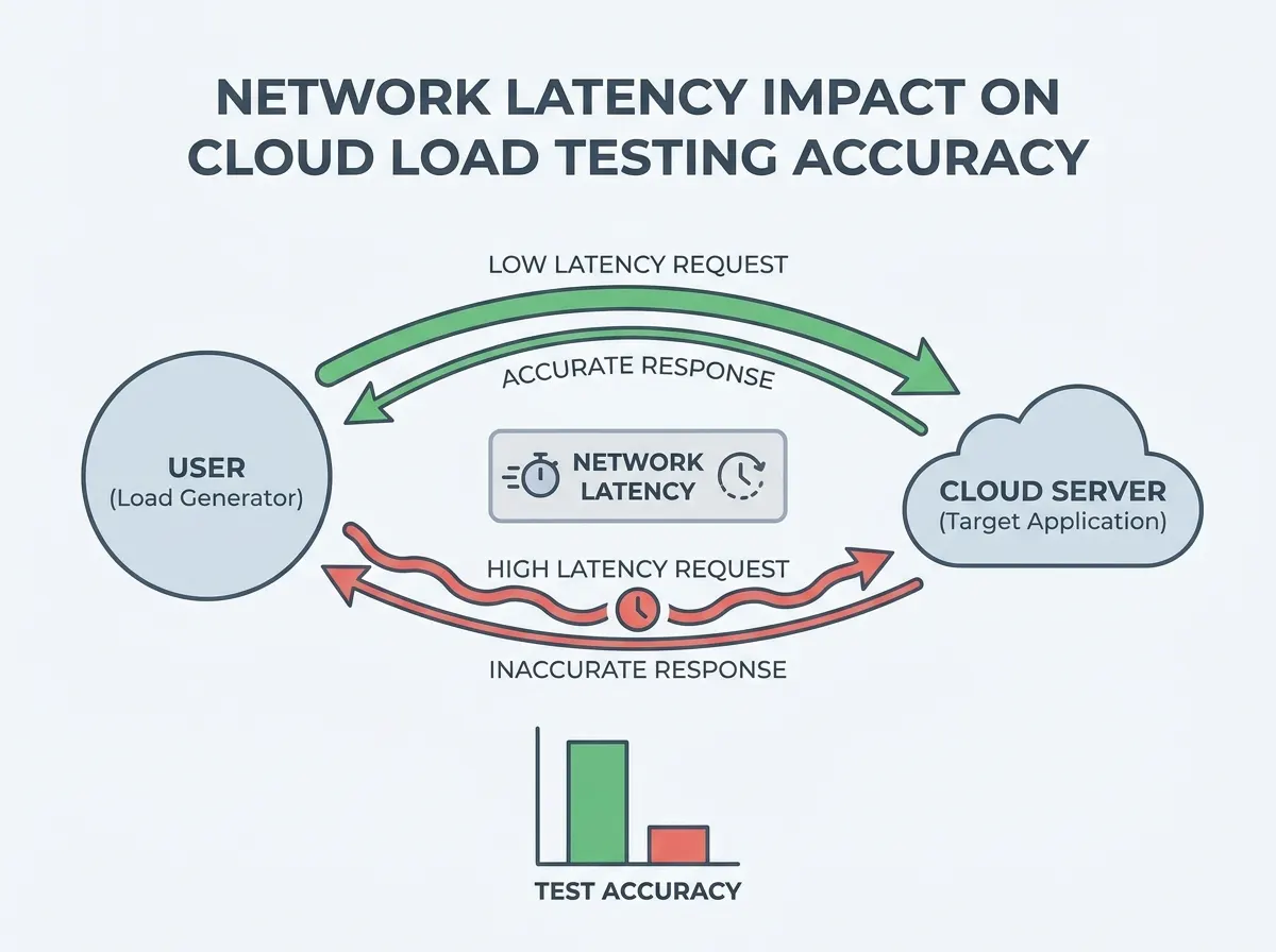 Diagram illustrating network latency impact on cloud load testing accuracy with arrows showing data flow between user and cloud server