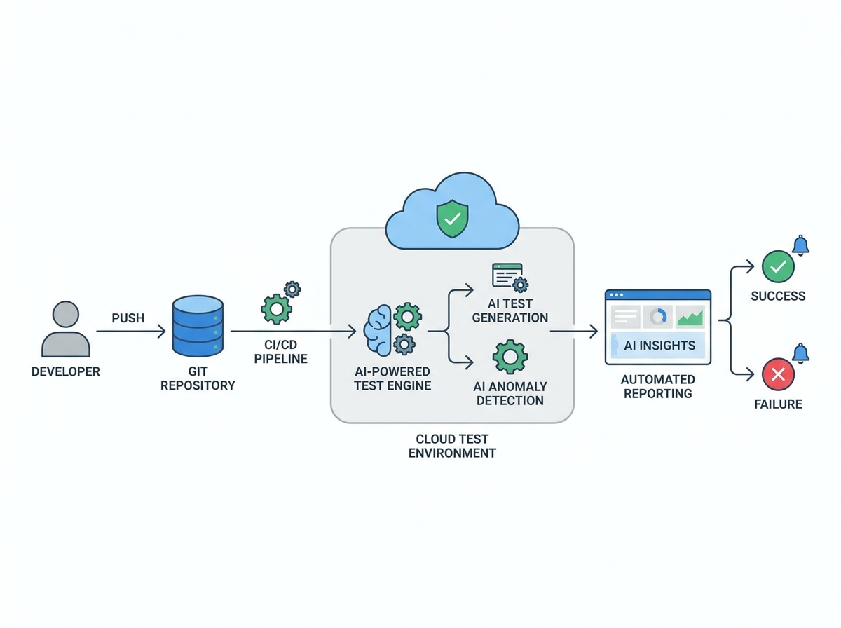 Diagram showing automated cloud testing workflow with AI integration