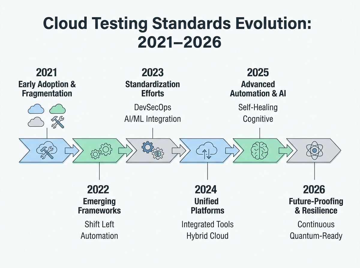 Flowchart depicting the evolution of cloud testing standards from 2021 to 2026