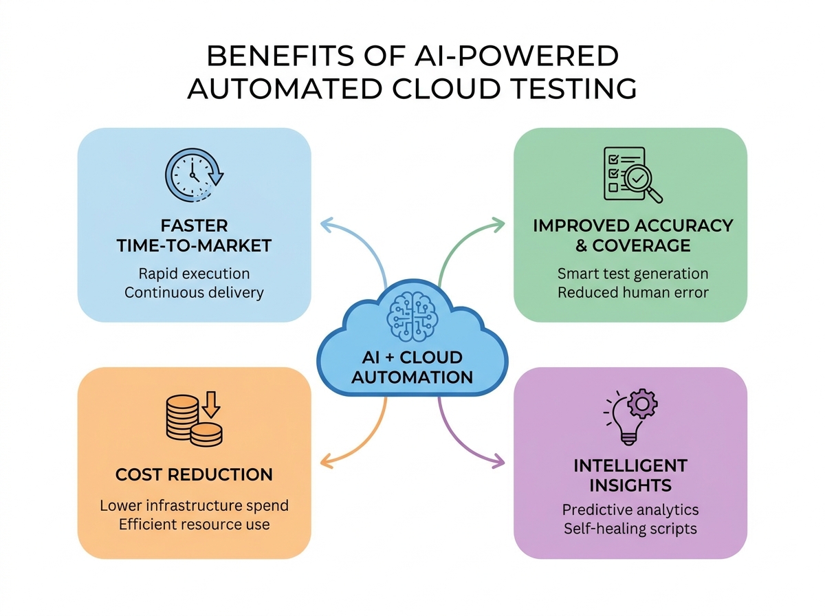 Infographic showing benefits of automated cloud testing with AI integration
