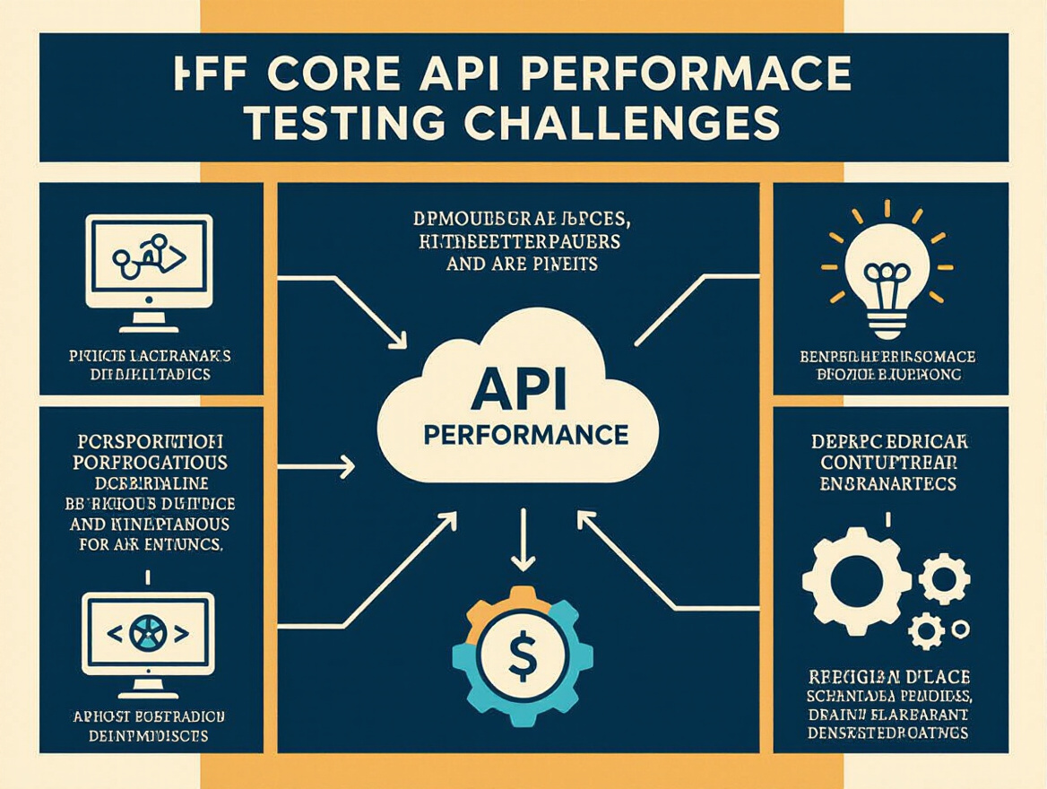 Infographic showing the six core API performance testing challenges with icons for each