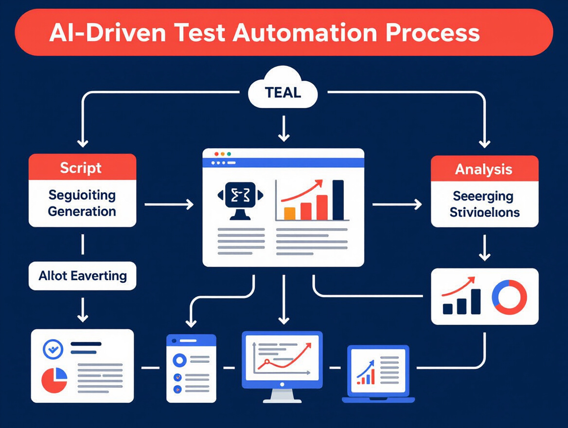 Diagram showing AI-driven test automation process from script generation to analysis