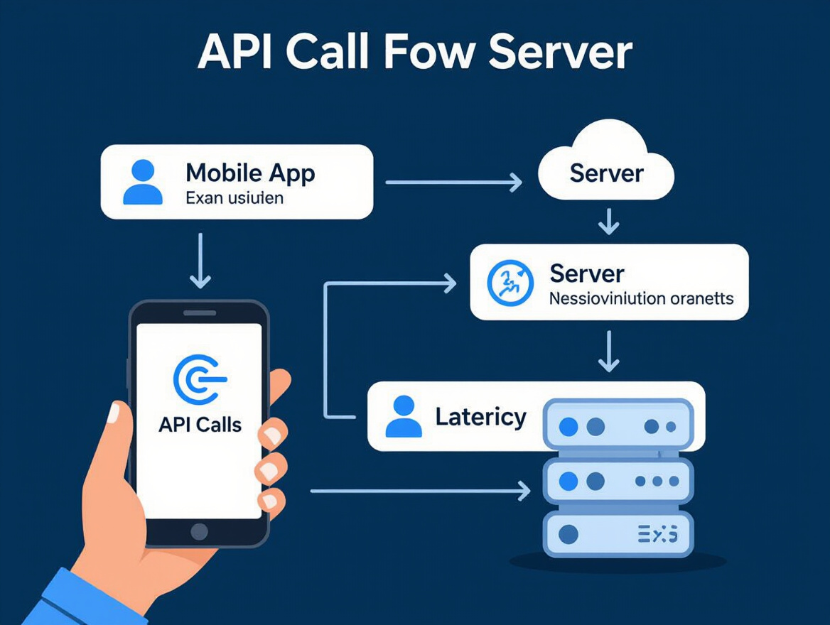 Diagram showing API call flow from mobile app to server and back, highlighting latency points