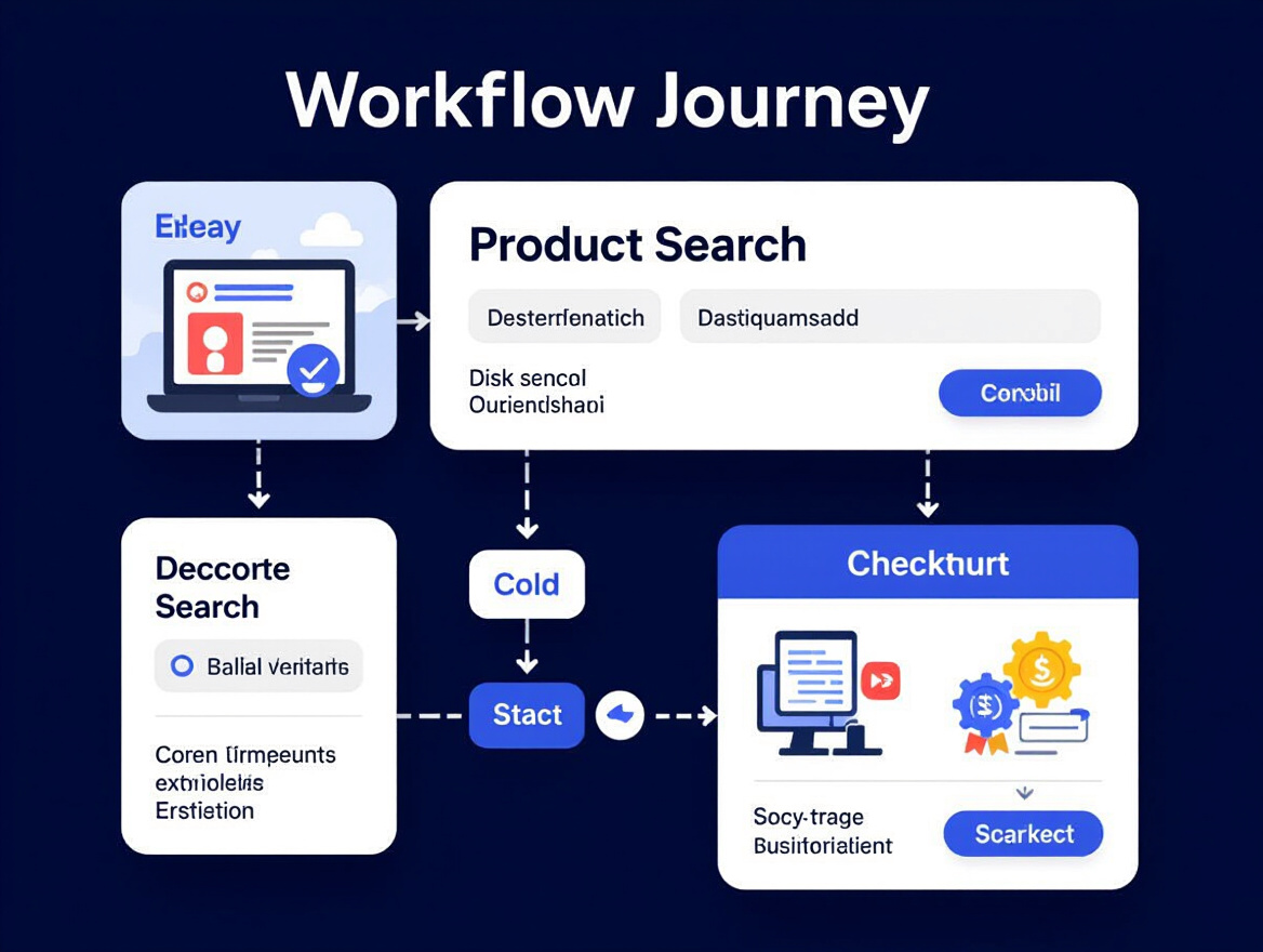 Workflow diagram showing user journey from product search to checkout, highlighting API interactions