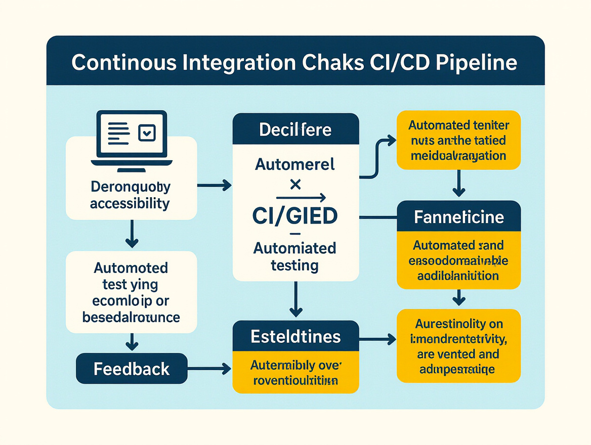 Workflow chart showing continuous integration of accessibility checks in a CI/CD pipeline, with steps for automated testing and feedback loops.