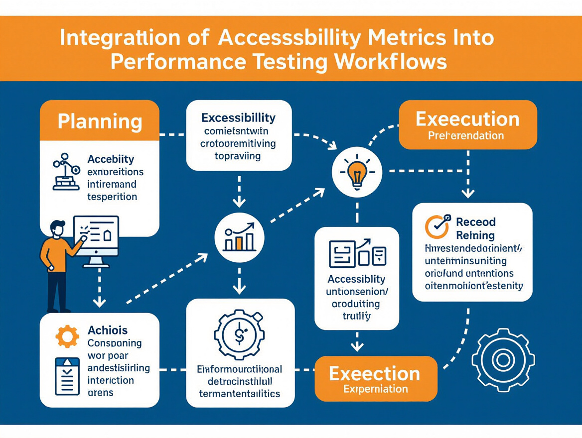 Diagram illustrating the integration of accessibility metrics into performance testing workflows, showing stages from planning to execution.