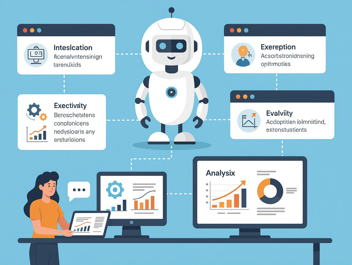 Workflow diagram showing AI chatbot managing test execution and analysis